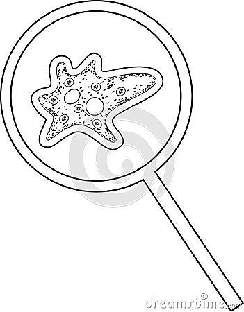 Coloring page with Amoeba under magnifying glass isolated on white Vector Illustration